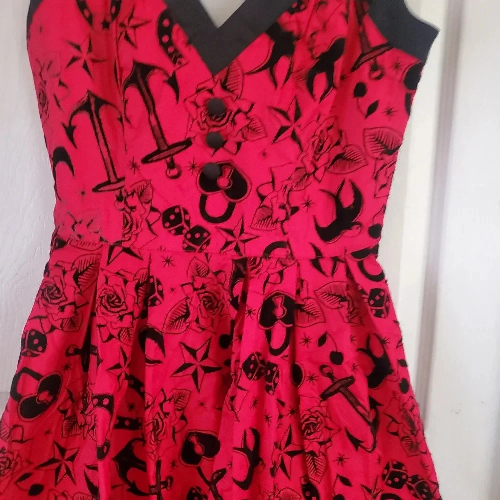 Hell Bunny Vixen red all over print tattoo flash flock retro dress - Picture 3 of 8